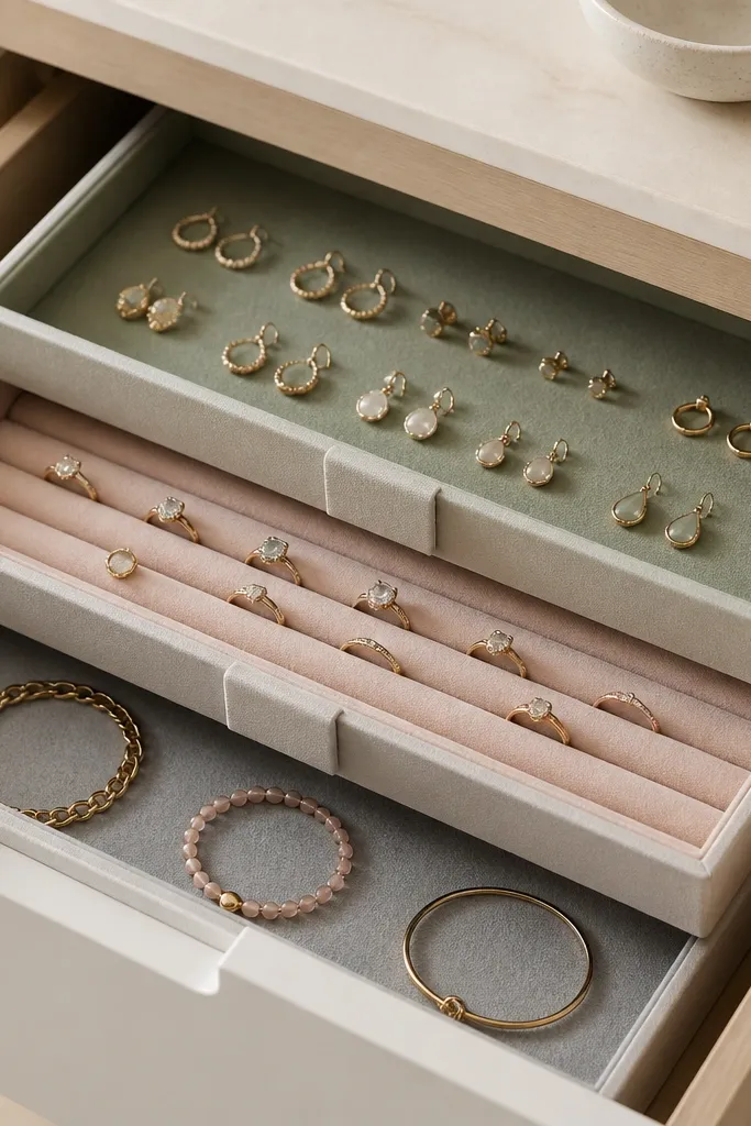 Three stacked shallow trays inside a drawer. Each tray has a different liner color: sage green for earrings, blush pink for rings, and light gray for bracelets. The tray fronts have small tabs for category names.