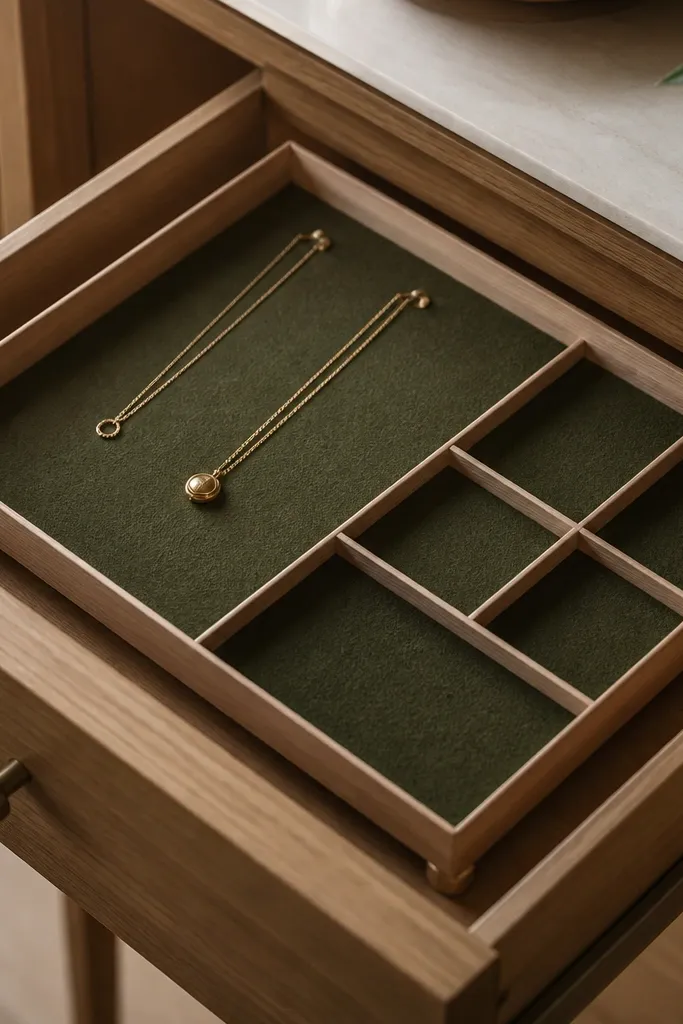 A shallow rectangular tray mounted inside a drawer using four small corner feet. The tray has compartments made from thin wooden dividers, and it's lined with dark olive felt. Small gold hooks hold two necklaces.