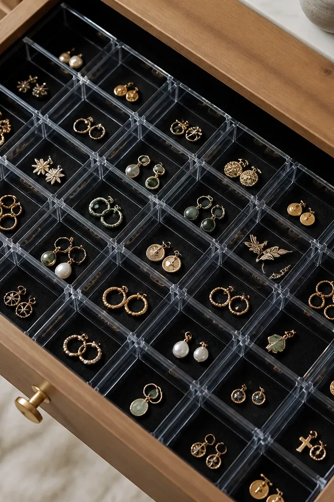 A drawer insert built with small clear plastic compartments arranged in a grid. The back panel is covered in black faux suede, so earrings and small charms look crisp through the clear walls.