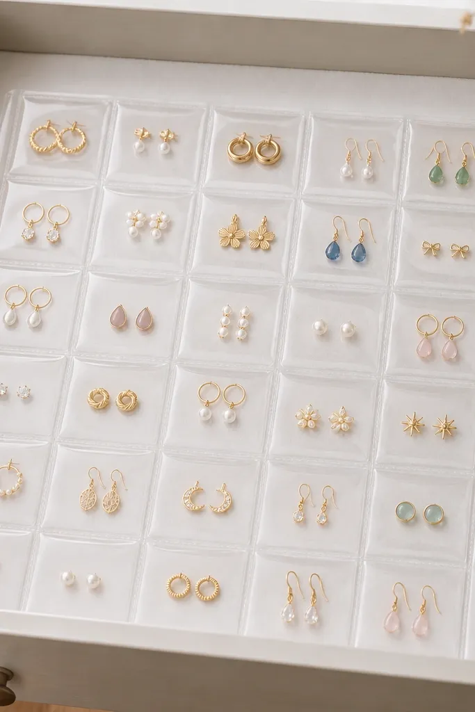 A flexible clear plastic shoe organizer panel laid flat inside a drawer. It has small square pockets holding different earring styles. The drawer is lined with white felt so the plastic looks crisp.