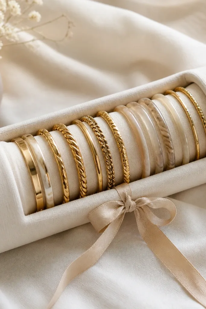 A rolled cylinder insert made from upholstery foam covered in light beige cotton. Bangles sit in a curved row inside the roll, with a ribbon tie keeping it snug.