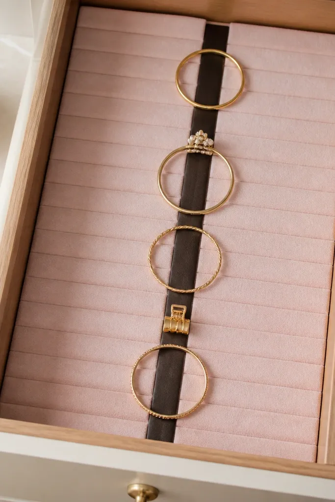 A drawer organizer with a thin magnetic strip running vertically on a lined base. Bangles sit flat and stick along the strip, and small clips attach to the magnet. The base is covered in light blush felt.
