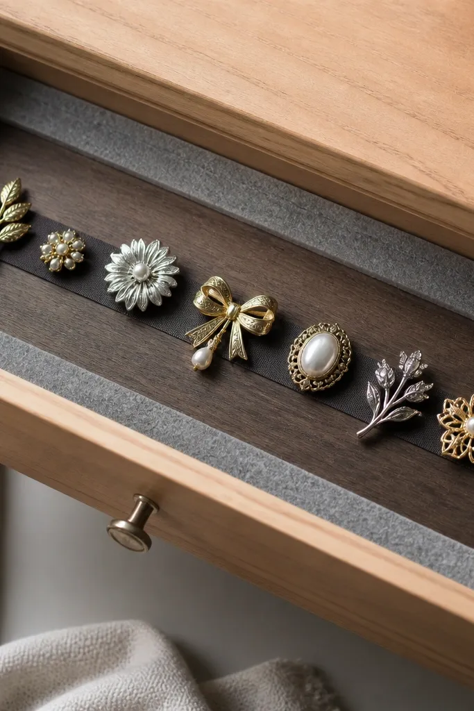 A drawer insert with a thin strip of magnetic tape adhered to a sealed wood base. Brooches and metal pins sit flat against the magnet. A pale gray felt border frames the strip.