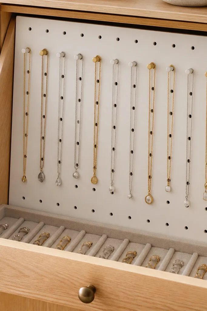 A pegboard panel fitted into a drawer with removable small hooks. Necklaces hang from the hooks in alternating colors, and rings sit in a lined tray section at the bottom.