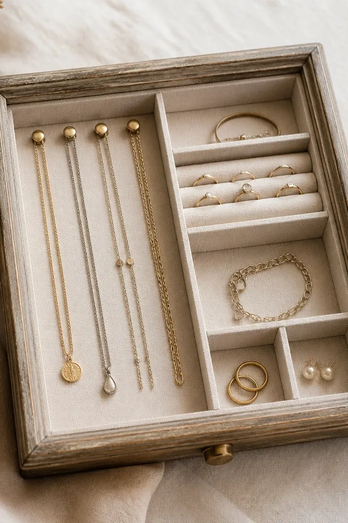 A wooden picture frame turned into a drawer insert. Inside are fabric-covered compartments with cotton twill and small brass knobs used as necklace hooks. The frame has a distressed finish and the inside is neatly arranged.