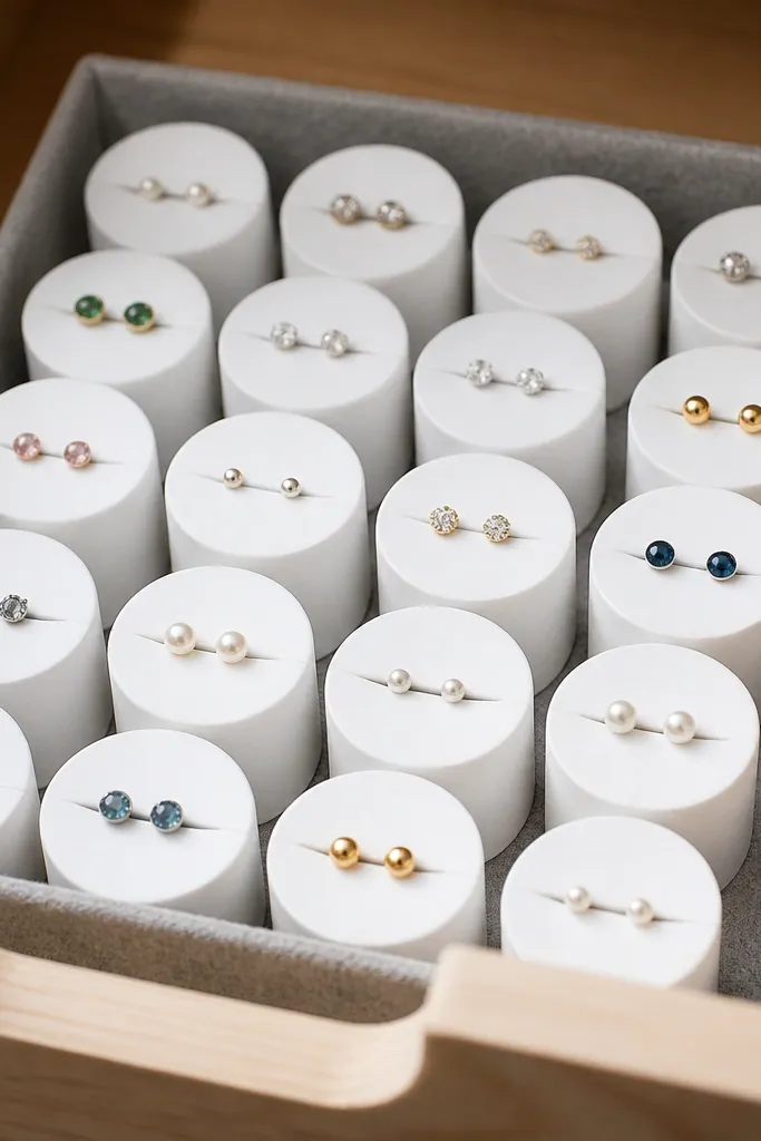 A DIY drawer insert made from cut cardboard toilet paper rolls arranged in a grid. Each roll is covered in white contact paper and has a slit on top where stud posts sit. The rolls sit in a shallow felt-lined tray.