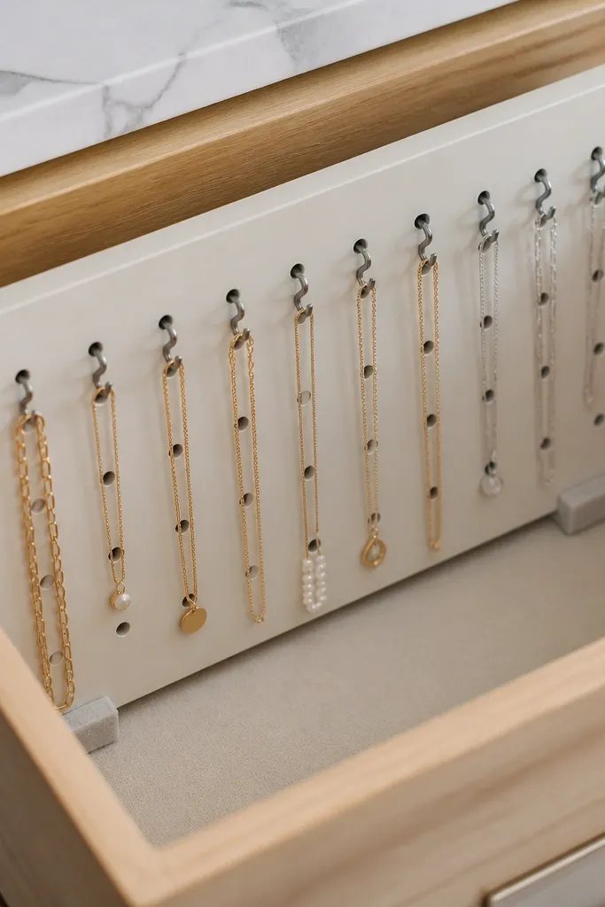 A small pegboard panel inside a drawer with several rows of hooks. Necklace chains hang from S-hooks clipped into the holes. The pegboard has a light paint finish and sits on felt supports.