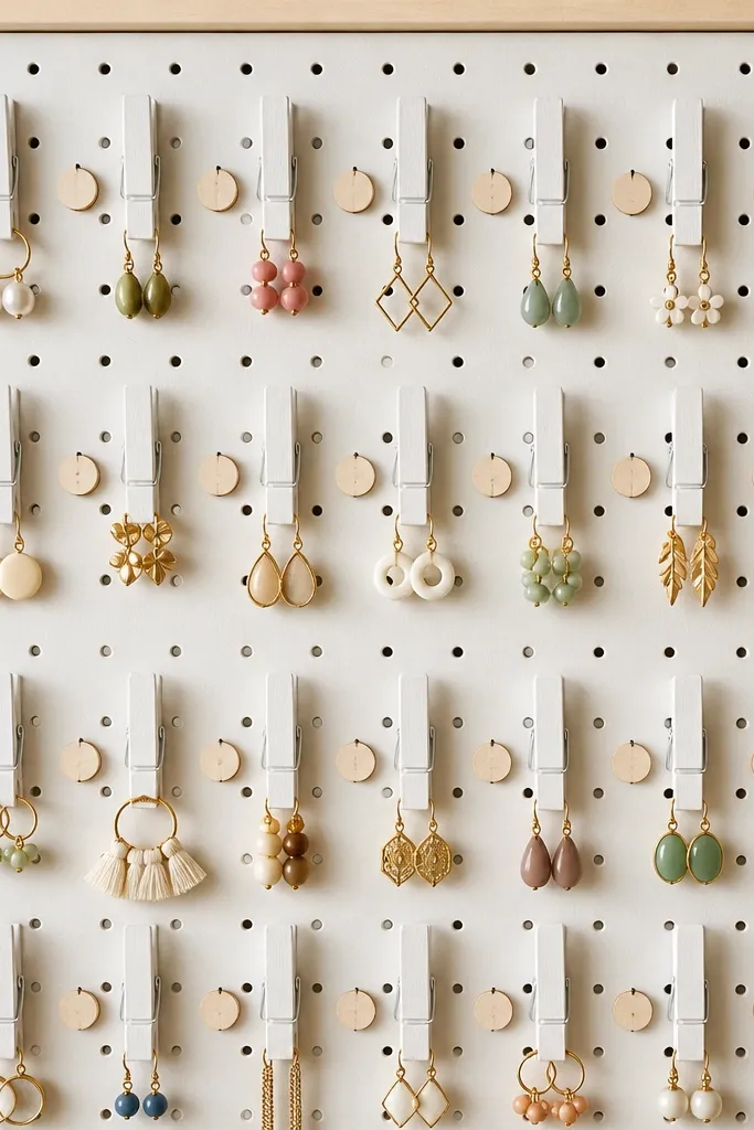A pegboard insert with rows of small wooden clothespins painted white. Each clothespin holds one earring or one earring pair, and a tiny numbered tag sits beside each pin row.
