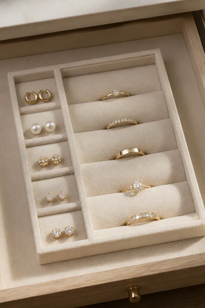 A drawer lined with beige felt. On top are folded fabric dividers forming two compartments: one narrow strip with small pockets for earrings, and a wider section with a shallow channel for rings.