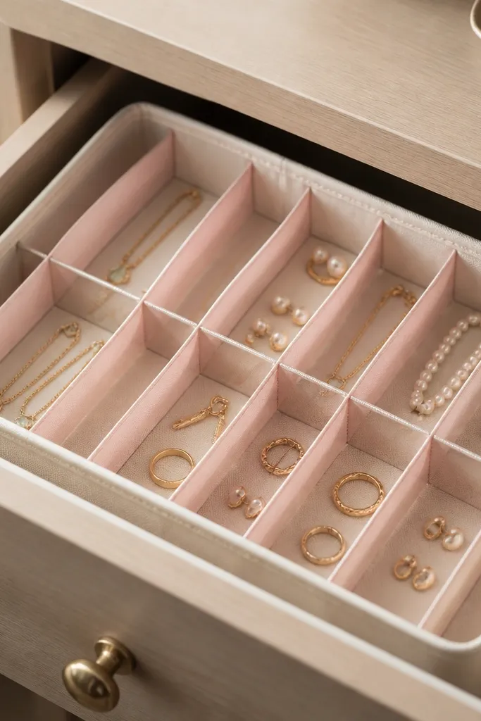 A soft fabric organizer sitting inside a drawer with vertical ribbon dividers. The organizer has a neutral canvas outer and pale pink ribbon partitions that slide slightly to adjust compartment width. Small jewelry pieces sit in separate rectangles.