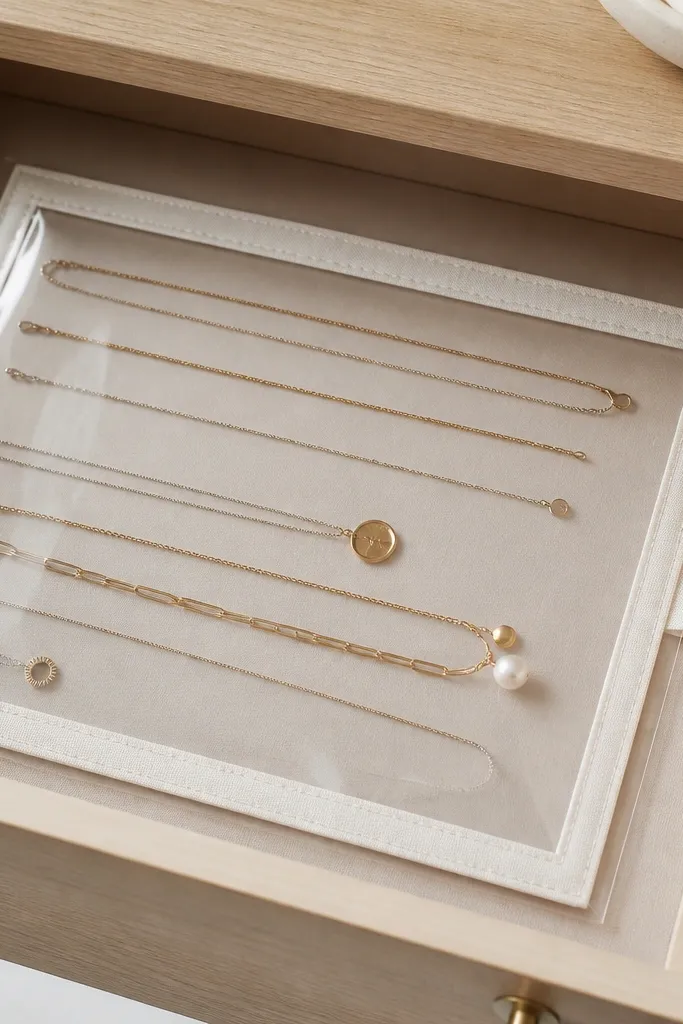 A drawer insert with a clear plastic sleeve that slides open. Inside, necklaces lie flat behind the clear cover. The sleeve has a stitched border in white fabric and a small pull tab on the side.