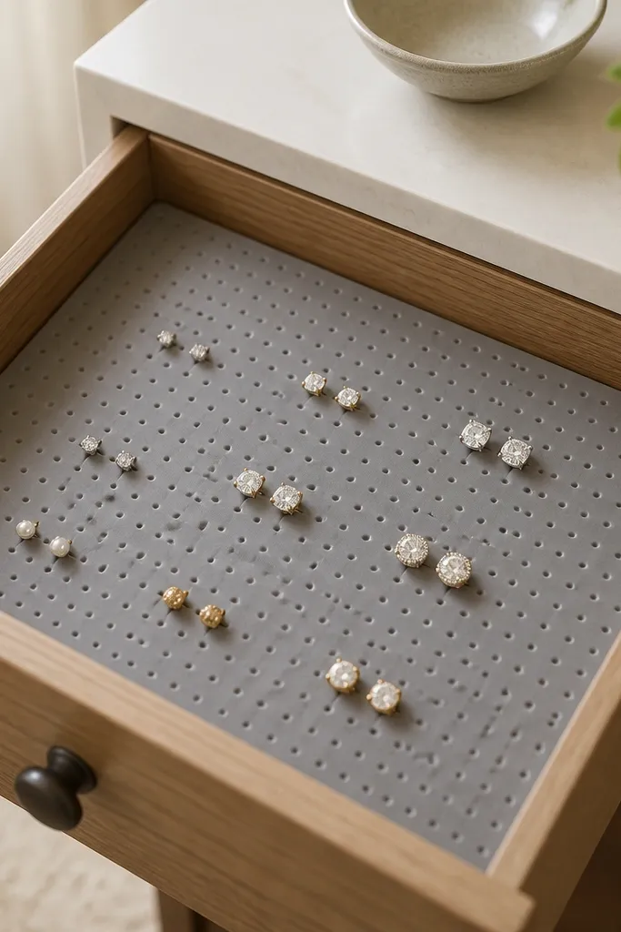 A drawer insert with a gray silicone mat featuring small round dimples. Stud earrings sit upright in the dimples, and a few pairs are grouped by size. The mat is cut to fit snugly inside the drawer.