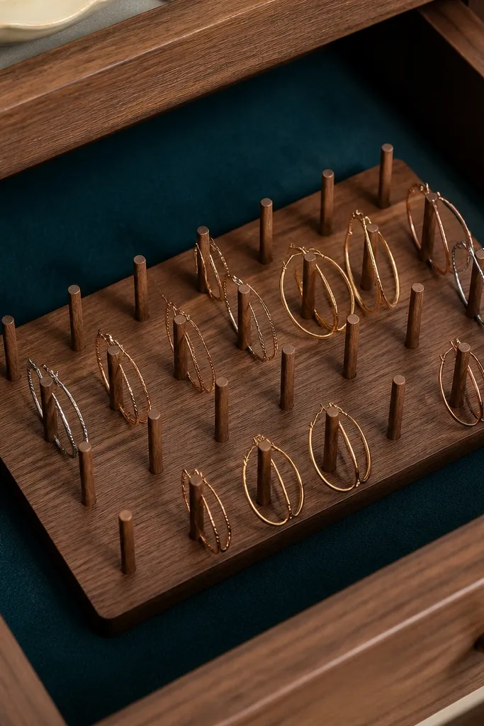 A small wooden base inside a drawer with evenly spaced short wooden pegs. Hoop earrings hang on the pegs by their loops. The base is stained walnut and sits on a dark teal felt liner.