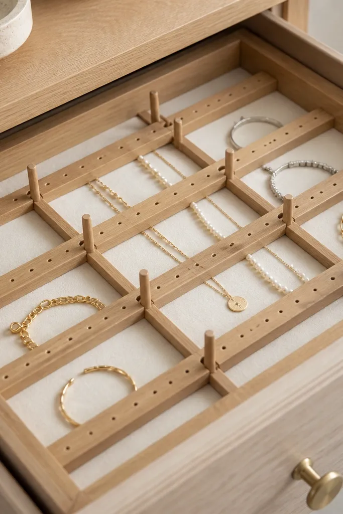 A wooden slat organizer inside a drawer. Several horizontal slats have evenly spaced holes, and small wooden pegs can be moved to create different compartments for bracelets and necklaces. The slats are stained light oak and lined with cream felt.