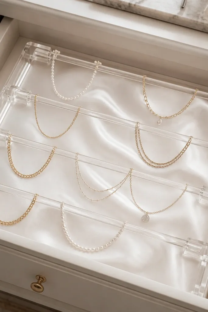 A clear acrylic rail system inside a drawer. Rounded corner blocks anchor the rails, and necklaces hang over the rails in separate arcs. The back of the organizer is covered in white satin fabric.
