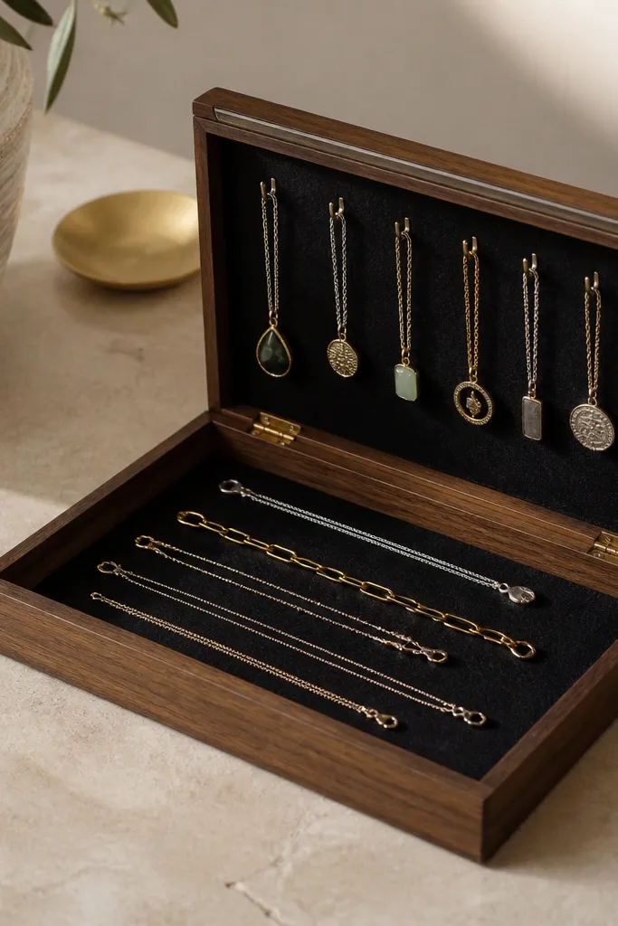 A shallow drawer tray with a hinged lid. The lid has a thin magnetic strip, and chains lie inside with pendants clipped to small hooks under the lid. The tray is lined with black felt.