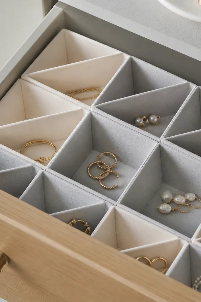 A drawer insert made from thick paperboard folded into compartments. The compartments are wrapped with soft fabric in light gray and cream. Small jewelry pieces sit in each folded section.