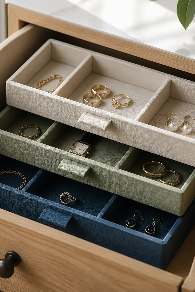 Three stackable shallow inserts inside a drawer, each with a different fabric color. Each insert has a label tab on the front edge reading by set (like everyday, work, special). Jewelry sits in small compartments inside each insert.