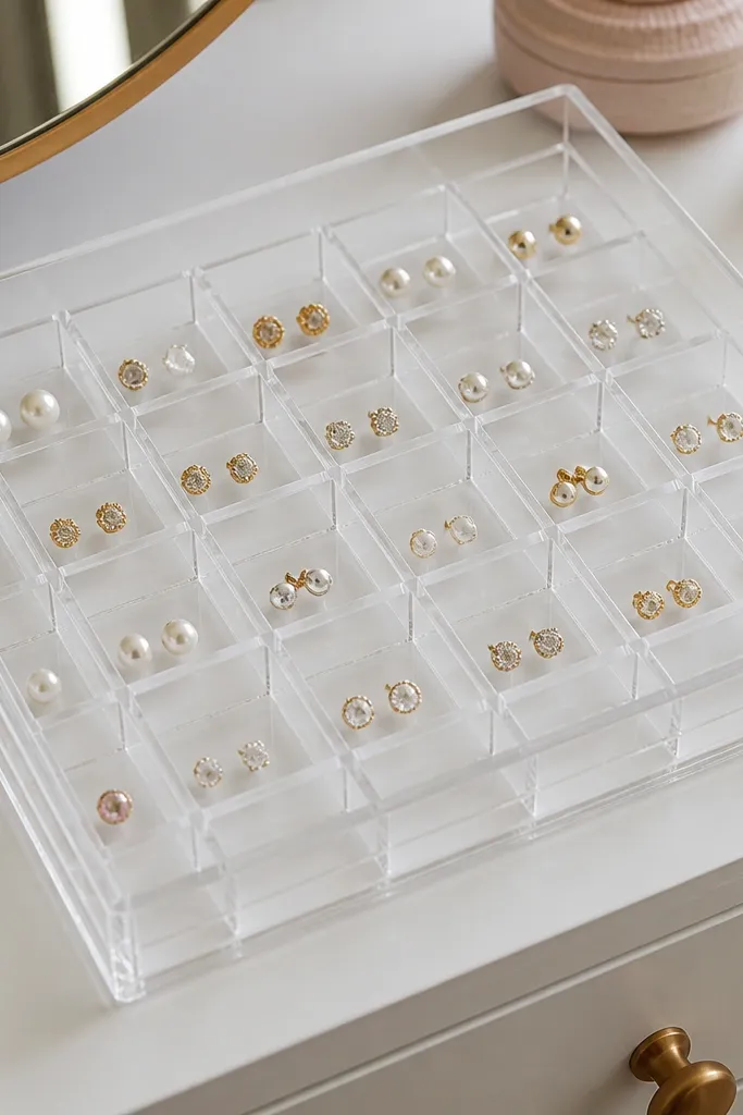 A transparent acrylic tray on a white vanity. Inside are grid-style dividers that create small square compartments, each holding pairs of stud earrings and a few mismatched singles.