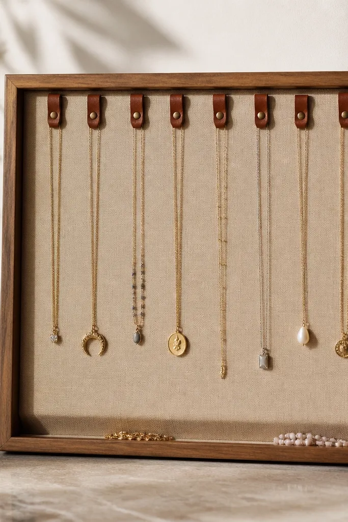 A small framed piece of tan canvas stretched over a board. Along the top edge are evenly spaced leather tie loops holding delicate necklaces, with a few pieces resting in a shallow channel at the bottom.