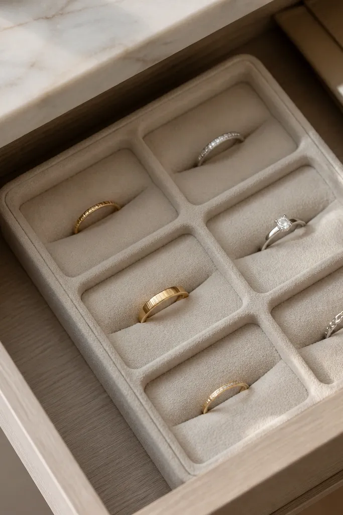 A small tray in a vanity drawer. It has multiple shallow felt-lined wells with a slight indentation in each section for rings, showing gold bands and silver rings.