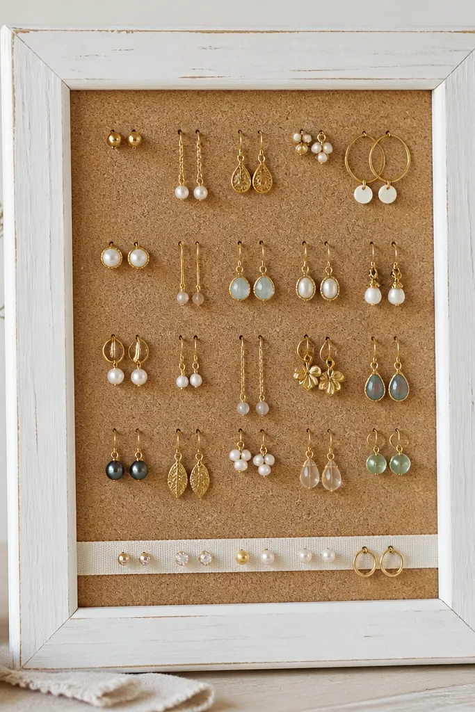 An old wooden picture frame repainted matte white. Inside is stretched cork board with push pins holding earrings in a neat pattern, plus a small strip of ribbon at the bottom.