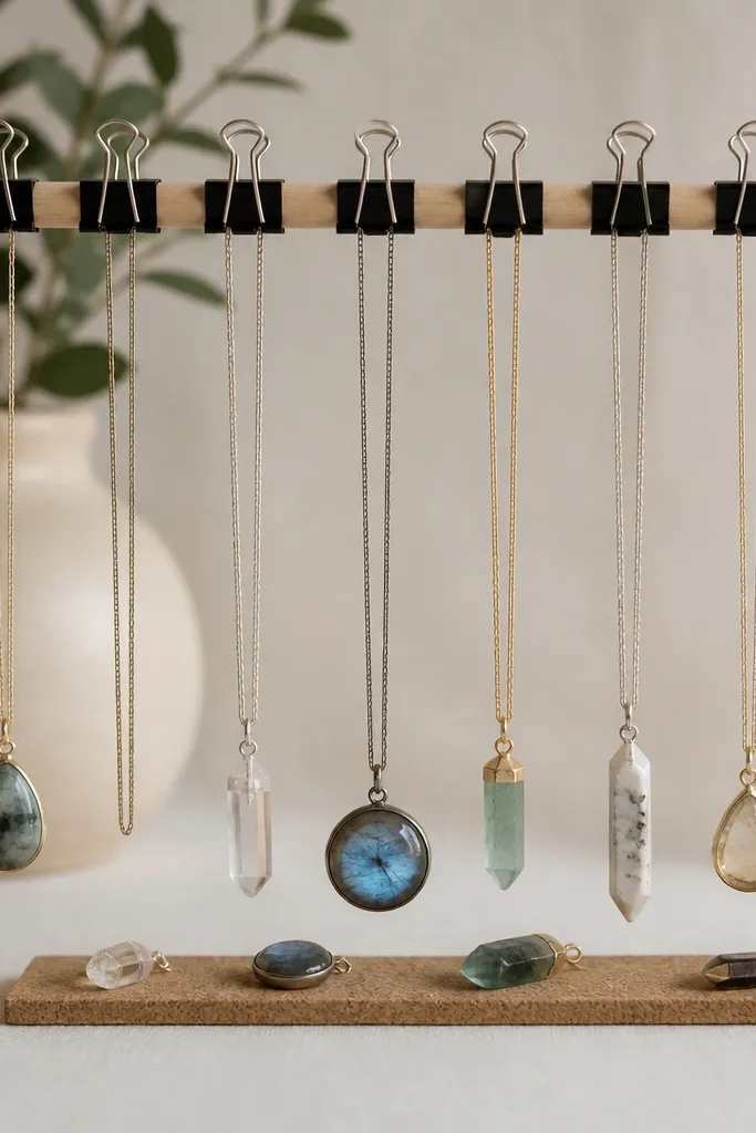 A light-wood dowel mounted horizontally with several binder clips clipped along the length. Chains hang from the clips, and a few pendants rest in front on a thin strip of cork.