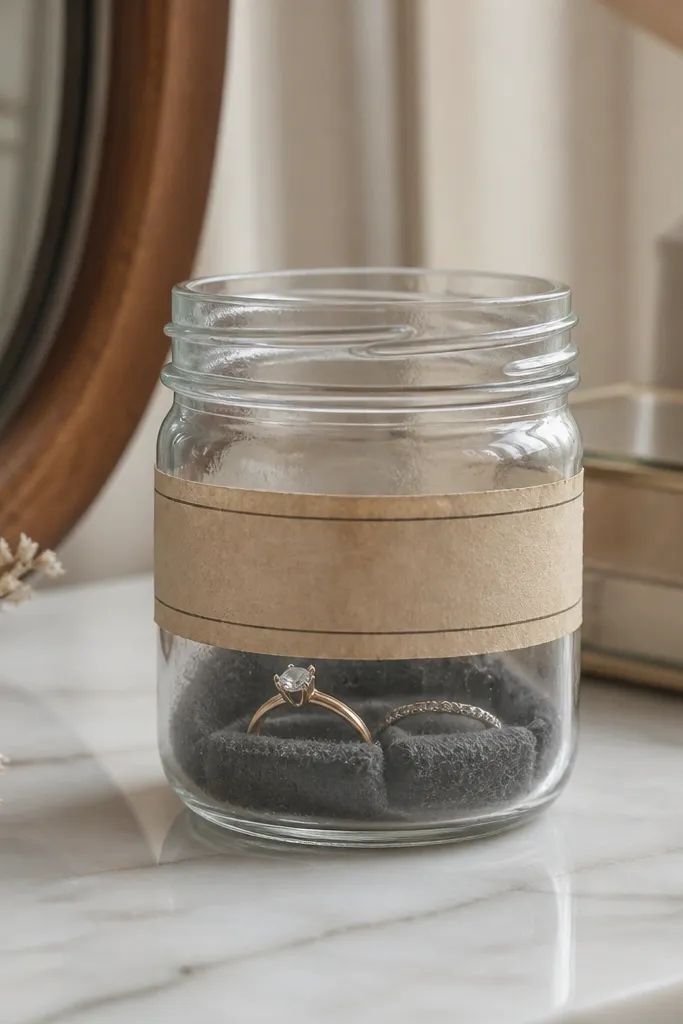 A small clear mason jar on the vanity with a strip of felt lining the inside bottom. Rings sit in the felt pads, and a paper label band wraps around the jar with handwritten text.