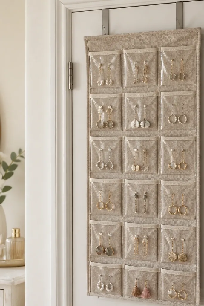A hanging fabric pocket organizer with clear top pockets. Each pocket holds a small set of earrings, and the panel is hung on a door hook near the vanity.