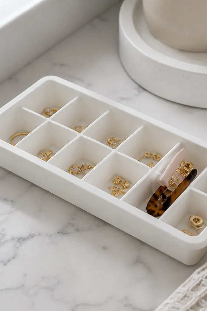 A white silicone ice cube tray on a bathroom counter. Small sections hold earring backs, tiny hoops, and a few hair clips, with a clean label strip on the side.