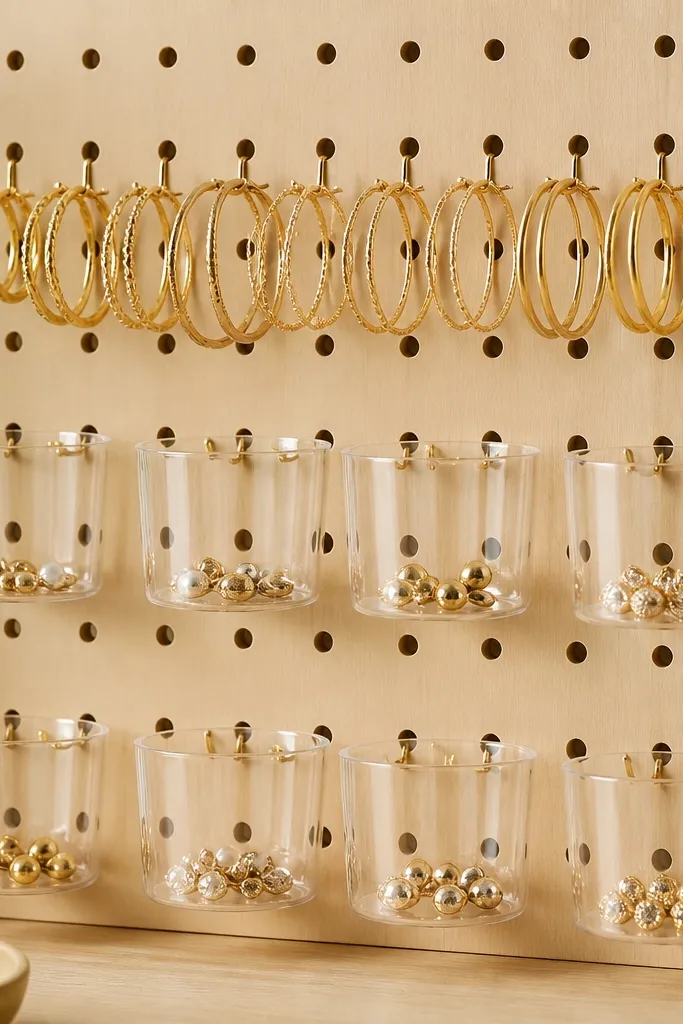 A pegboard panel with several clear acrylic cups attached under hooks. Stud earrings sit inside cups while hoops hang above, all neatly aligned.