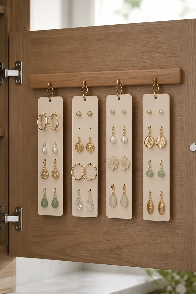 A small wooden rail mounted on the inside of a vanity cabinet door. Hanging earring cards slip onto hooks, and multiple pairs are displayed on cardstock strips.