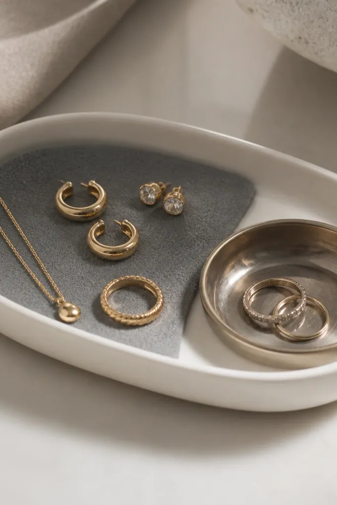 A shallow ceramic serving dish with a soft gray felt insert on one side and a small metal ring dish on the other. Jewelry is laid out for an evening, neatly separated.