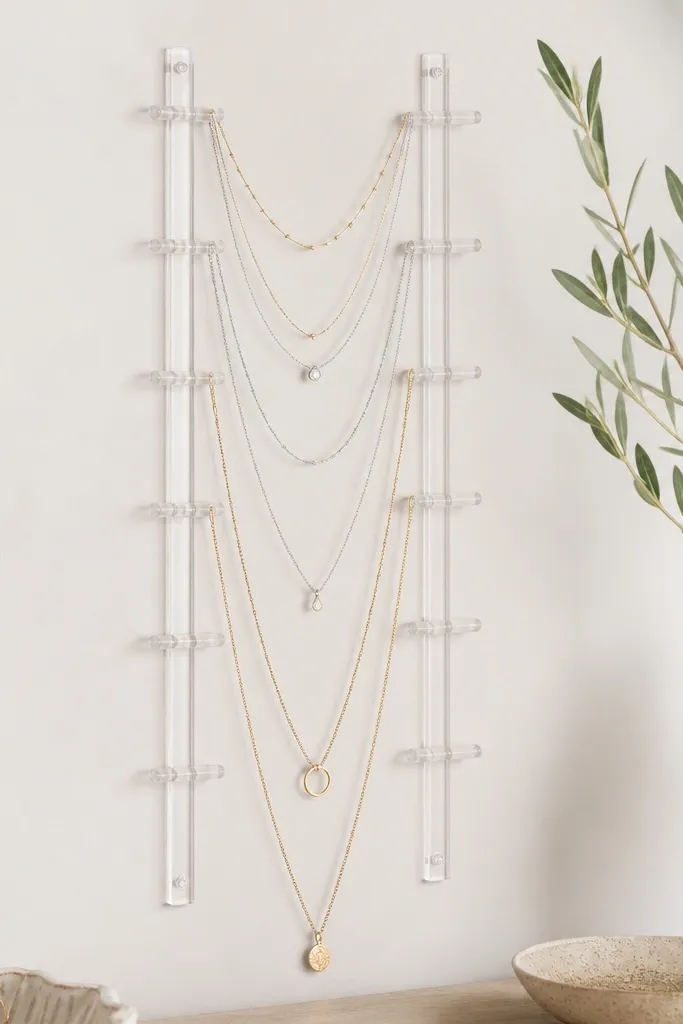 A vertical ladder made from two clear acrylic strips with small clear hooks. Necklaces hang from the hooks in descending lengths, with a clean, airy look.