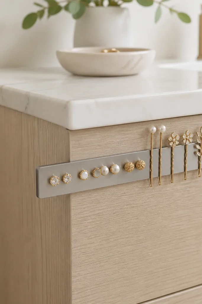 A slim stainless magnetic strip on the side of a vanity cabinet. Small magnetic-backed earring pieces and a few hair jewelry pins stick in a neat row.