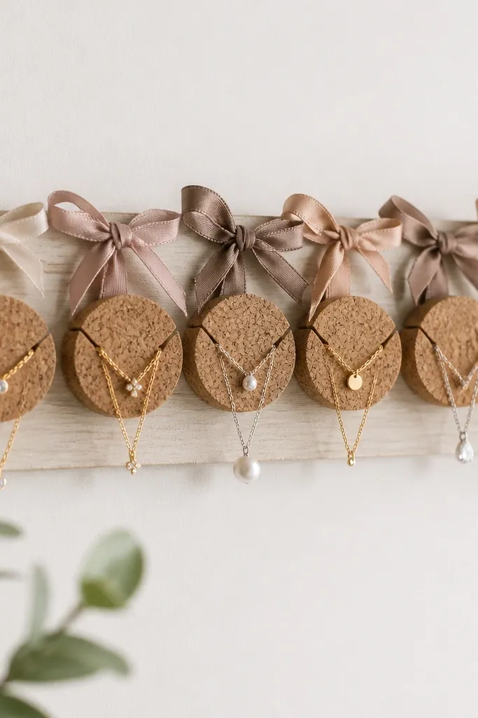 A row of cut wine cork slices mounted on a board. Each cork has a small groove where a necklace rests, and satin ribbon ties sit behind them.