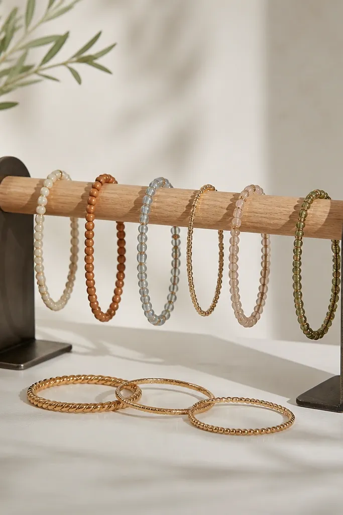 Two small metal bookends holding a light wooden dowel across. Bracelets hang over the dowel, spaced evenly with a few bangles lined in front.