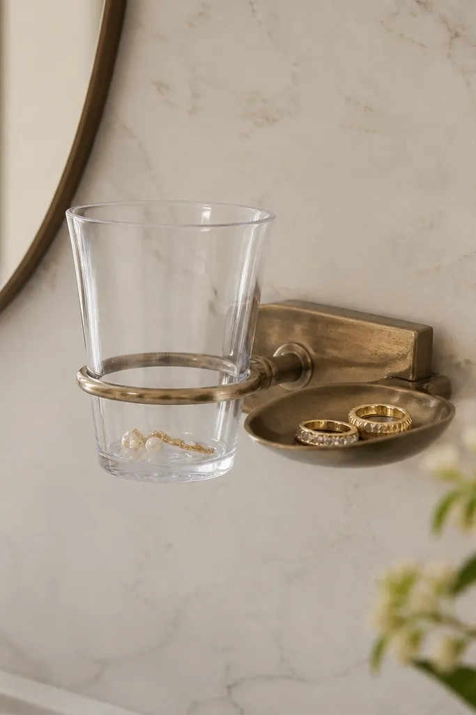 A clear plastic cup mounted on the vanity with a small spoon-shaped metal dish attached beside it. Rings sit in the spoon dish while tiny earrings rest in the cup.