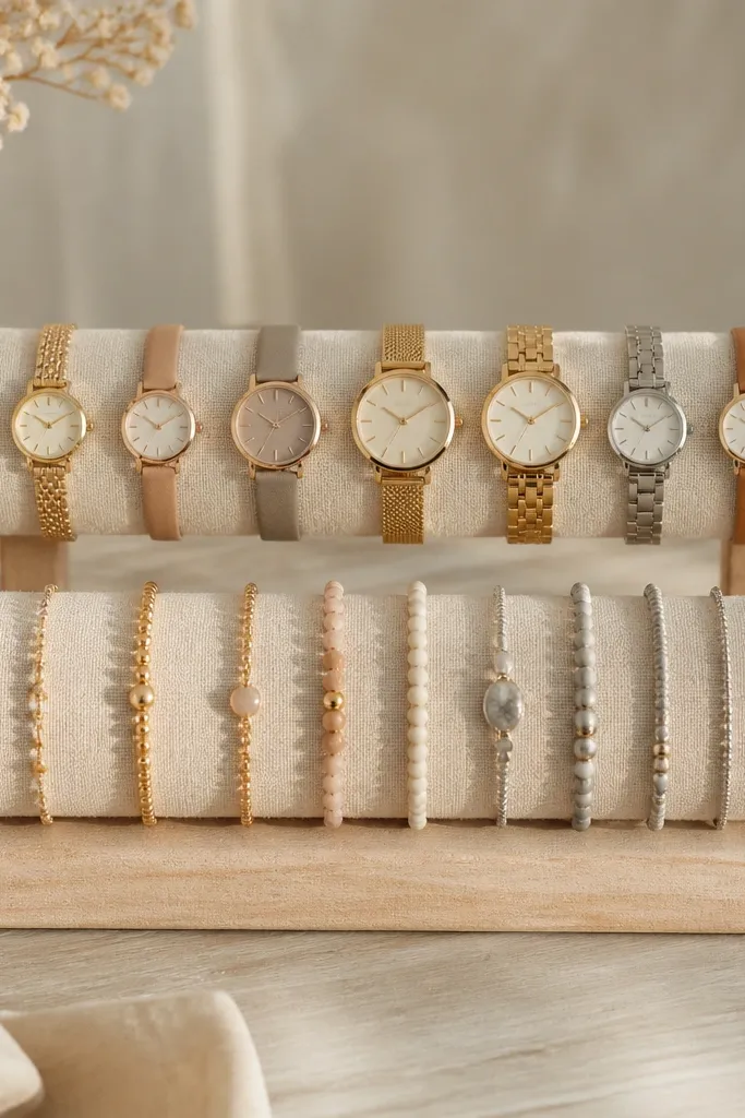 A two-tier wooden riser covered in light linen. Watches sit on the top tier and bracelets sit on the lower tier, all in a neat color-coordinated layout.