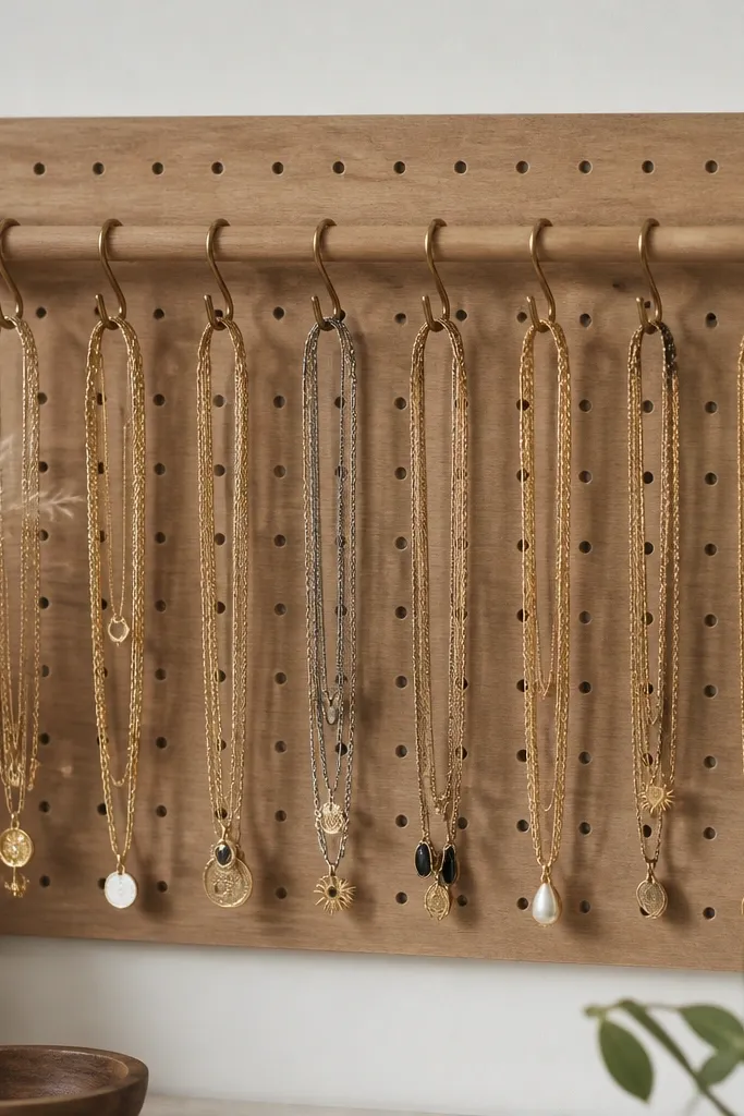 A pegboard panel with a horizontal dowel attached. S-hooks hang from the dowel, each holding a layered necklace stack with pendants facing outward.