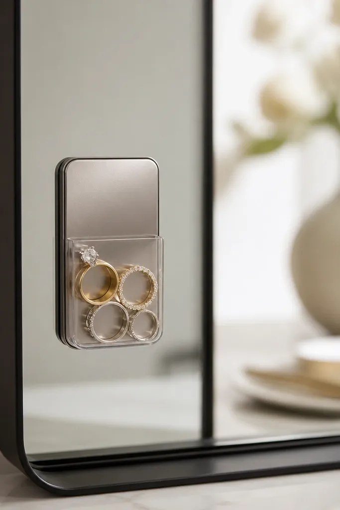A small magnetic photo holder mounted on the side of a vanity mirror. Rings sit in a clear pocket area, and a thin metal backing keeps them visible.