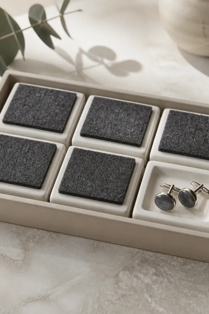 A set of small ceramic tiles mounted in a tray. Each tile has a felt square on top for studs, and a separate tile has a shallow groove for cuff links.