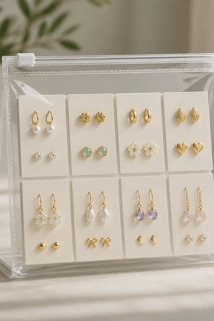 A clear zipper pouch standing upright with a folded support board behind it. Weekly earrings are visible through the clear plastic, separated by small paper dividers.