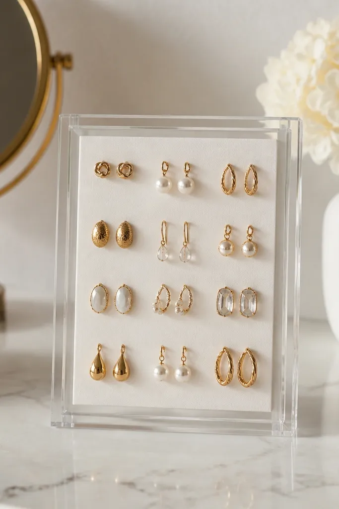 A small acrylic frame on the vanity with index cards inside. Each card has pairs of earrings pinned or clipped into evenly spaced positions.