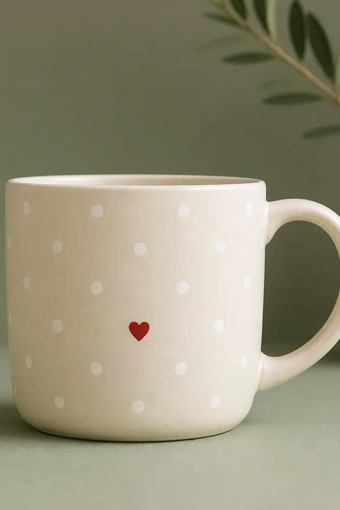 A cream mug covered in evenly spaced white dots on a muted sage background, with one small red heart centered below the handle line.
