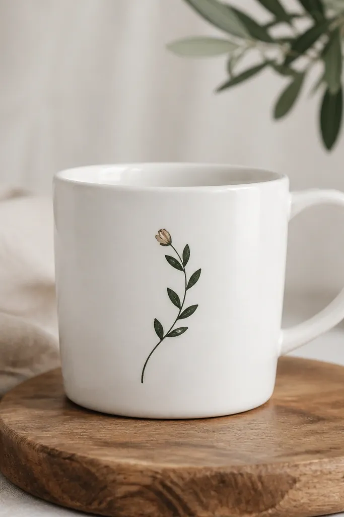 A white mug with a single dark green sprig on the front: a curved stem with small leaf pairs, plus a tiny beige bud near the top.