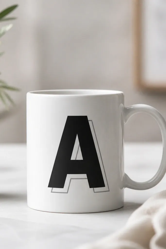 A mug with a large black block letter centered on the front, and a thin gray offset outline behind it.