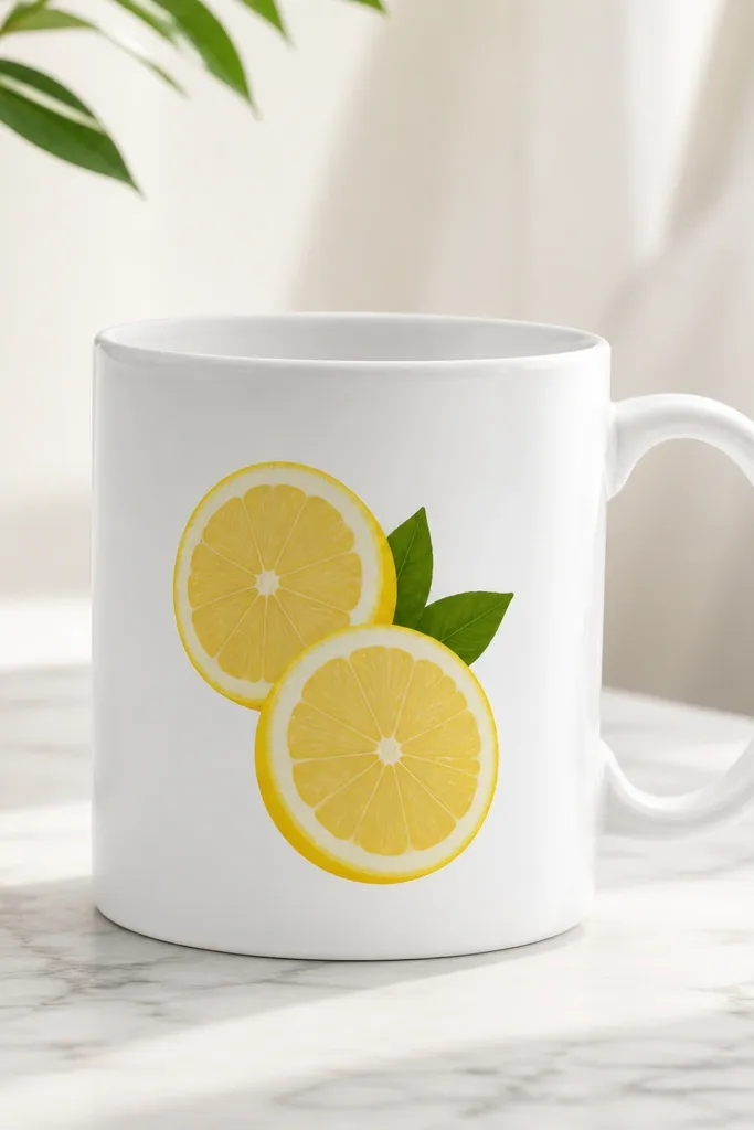 A white mug with two yellow lemon slices stacked diagonally, each with thin inner segments, and two small green leaves tucked behind.