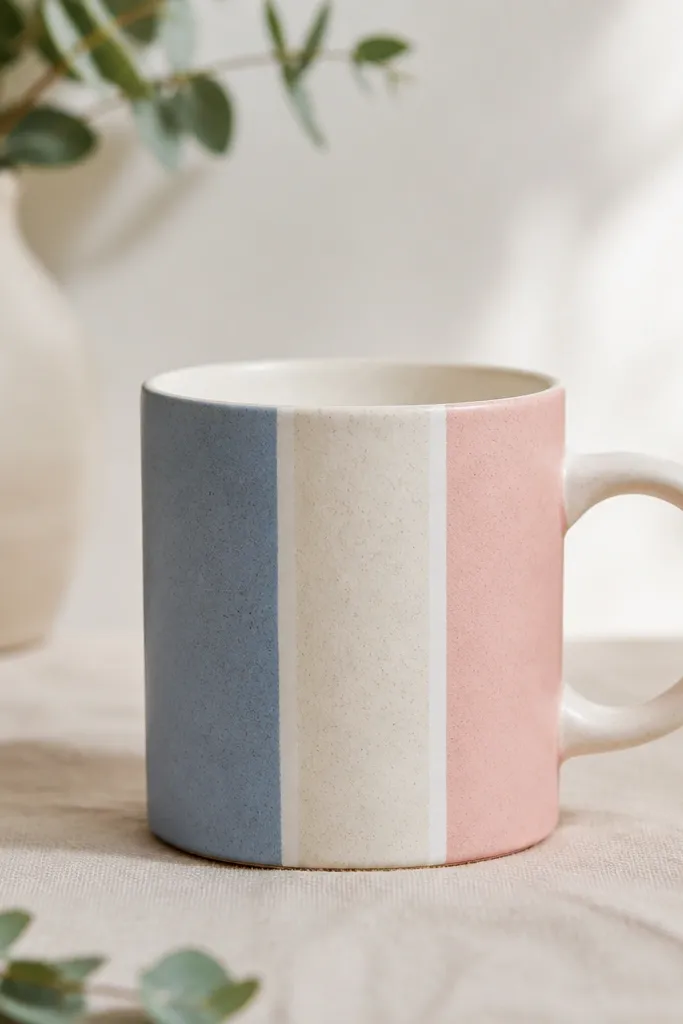 A mug with three vertical bands: muted blue, cream, and soft pink, separated by thin white gaps like paper tape edges.