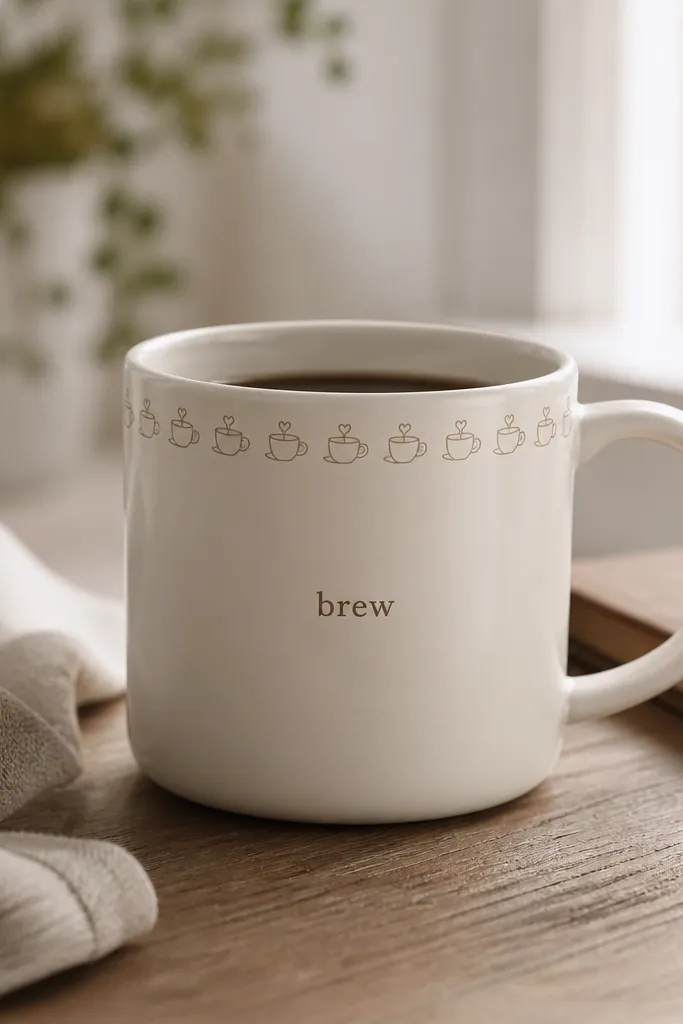 A mug with a thin repeating border of simple coffee cup icons around the top edge, plus a small "brew" word in the center.
